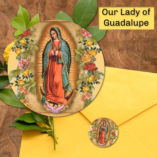 Santa Maria, Virgen de Guadalupe Mother Mary Roses Classic Round Sticker (Traditional Our Lady of Guadalupe with roses )