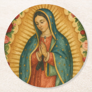 Santa Maria, Virgen de Guadalupe Mother Mary Roses Round Paper Coaster