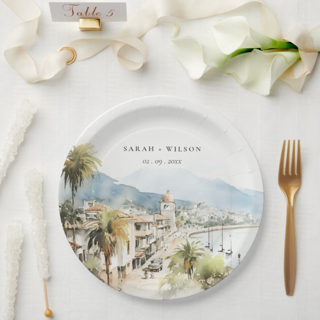 Santa Marta Colombia Watercolor Landscape Wedding Paper Plate (Wedding)