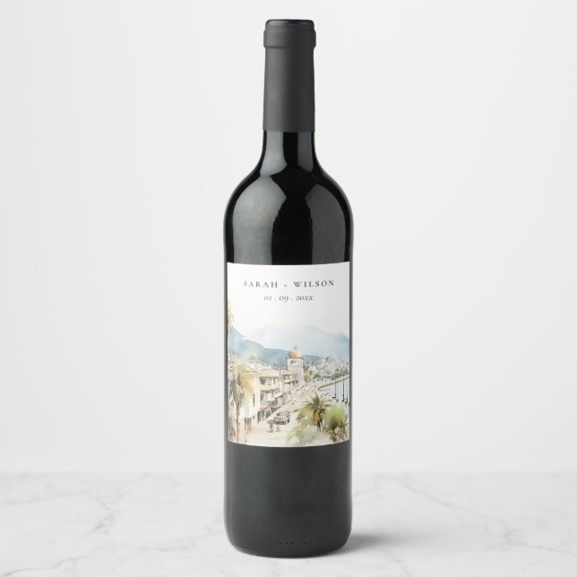 Santa Marta Colombia Watercolor Landscape Wedding Wine Label (Front)