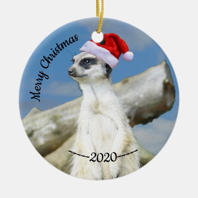 Santa Meerkat Merry Christmas Ceramic Tree Decoration (Front)