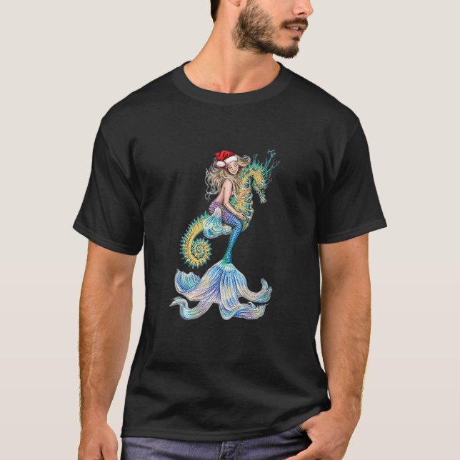 Santa Mermaid Ride Seahorse Christmas Xmas Santa H T-Shirt (Front)