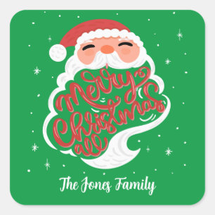 Santa Merry Christmas All, Family Name Square Sticker