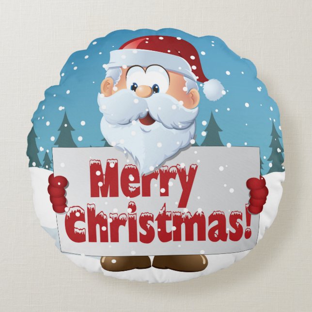 Santa Merry Christmas Sign in Snow Round Cushion (Front)