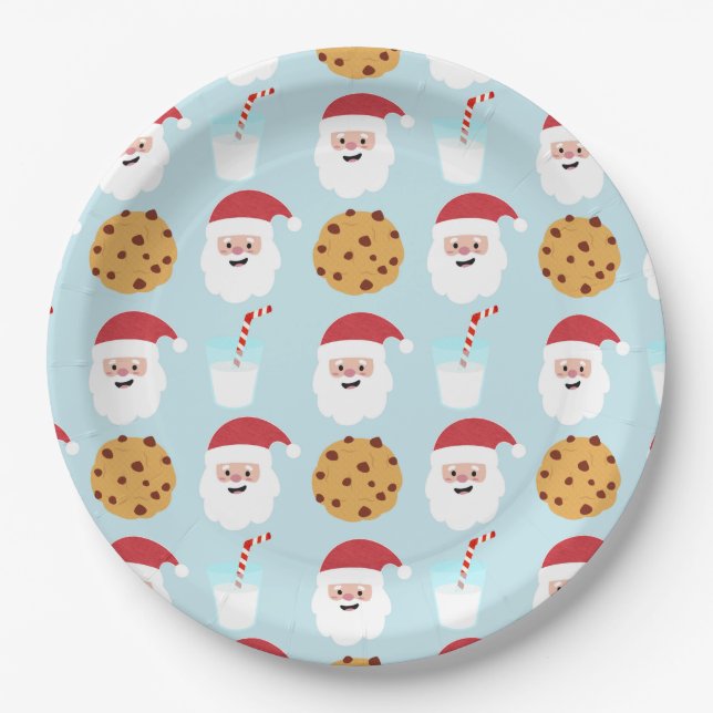 Santa Milk and Cookies Blue Paper Plates (Front)