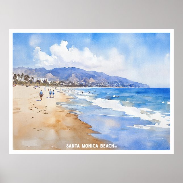 Santa Monica Beach, Ca watercolor painting  Poster (Front)