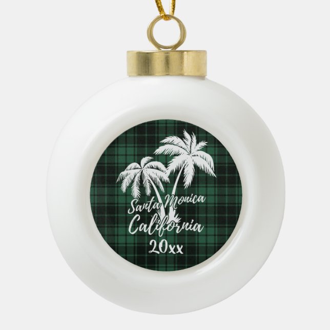 Santa Monica Beach California Palm Green Plaid Ceramic Ball Christmas Ornament (Front)