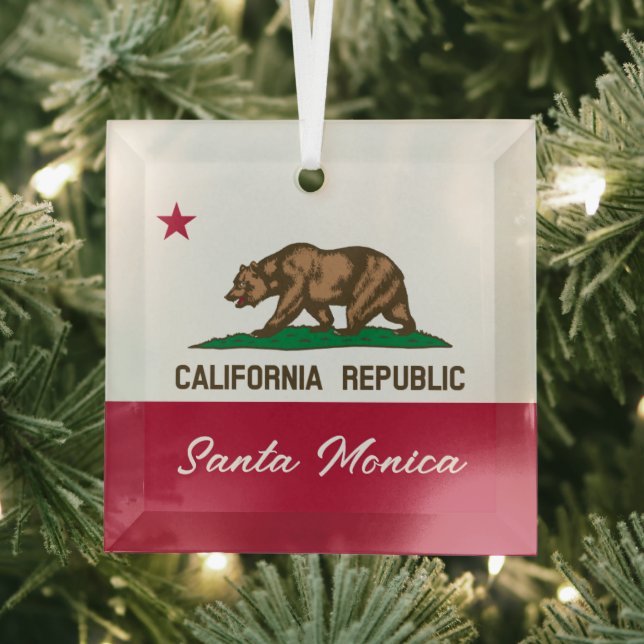 Santa Monica California Republic flag Christmas Glass Tree Decoration (Insitu)