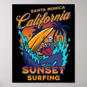 Santa Monica California Surfing Skeleton Sunset Su Poster