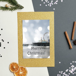Santa Monica Pier Grey Sparkles Merry Christmas! Holiday Card