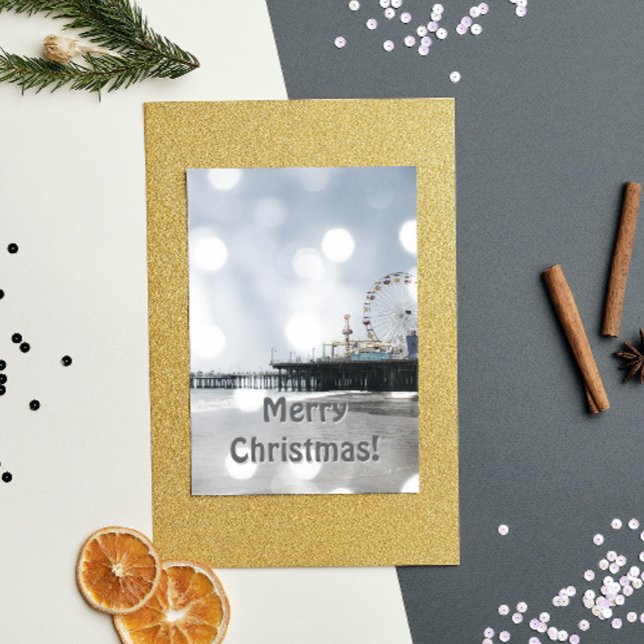 Santa Monica Pier Grey Sparkles Merry Christmas! Holiday Card (Creator Uploaded)