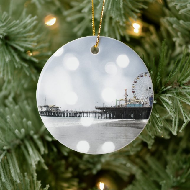 Santa Monica Pier - Grey Sparkles Photo Edit Ceramic Tree Decoration (Tree)
