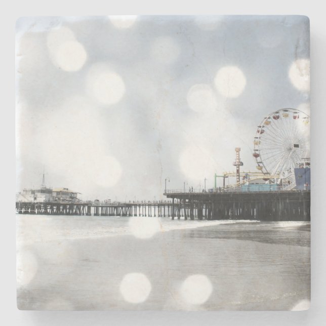 Santa Monica Pier Silver Grey Sparkles Stone Coaster (Front)