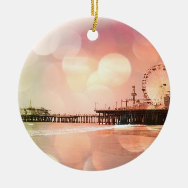 Santa Monica Pier - Sparkling Pink Photo Edit Ceramic Tree Decoration (Front)
