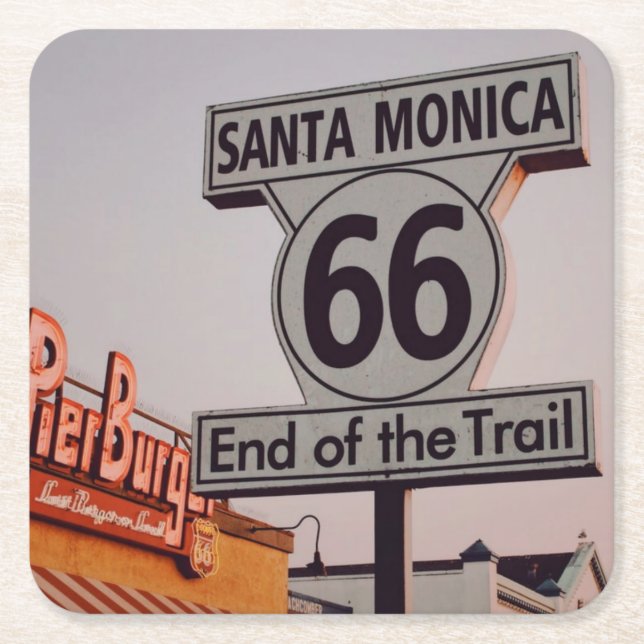 Santa Monica Route 66 California Square Paper Coaster (Front)