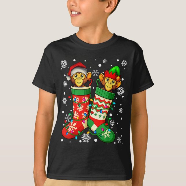 Santa Monkey Animal In Christmas Socks Men Women  T-Shirt (Front)