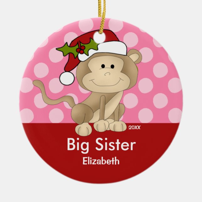 Santa Monkey Big Sister Christmas Ornament (Front)