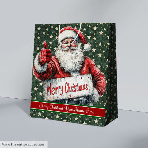 Santa Monogram Bag, Vintage Watercolor Christmas Medium Gift Bag