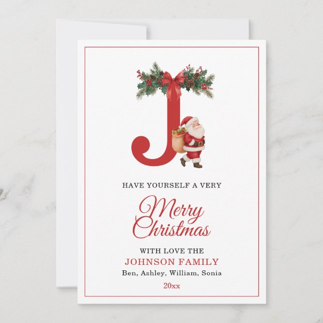 Santa Monogrammed and Name Family Matching Holiday Card (Front)