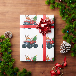 Santa Monster Truck Reindeer Christmas Tree Xmas Wrapping Paper