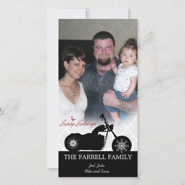 Santa Motorcycle & Snowflakes Holiday Photo Card (Front)