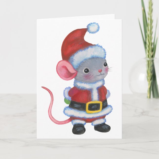 Santa Mouse Christmas Animal Art Card (Front)