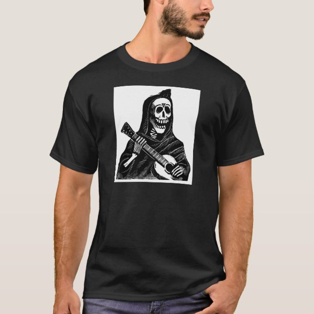 Santa Muerte (Mexican Grim Reaper) Playing Guitar T-Shirt (Front)