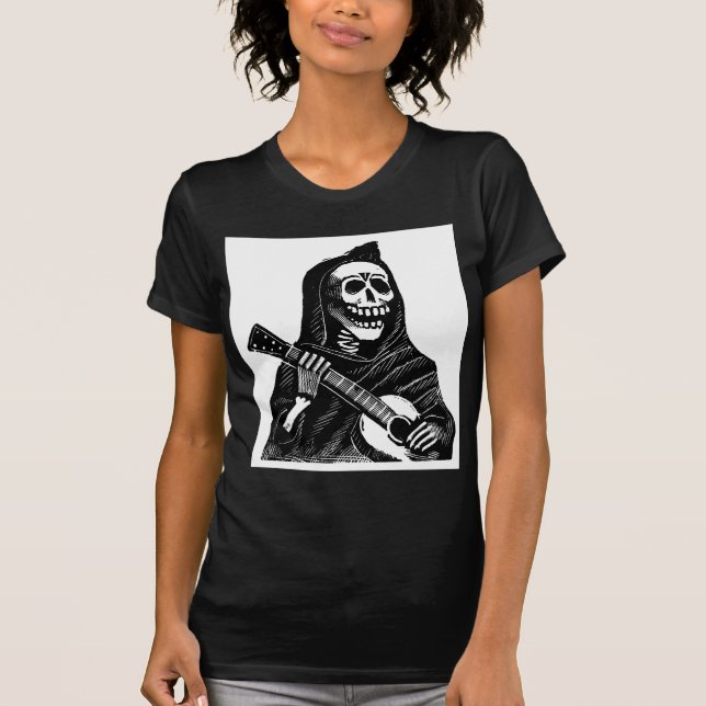 Santa Muerte (Mexican Grim Reaper) Playing Guitar T-Shirt (Front)