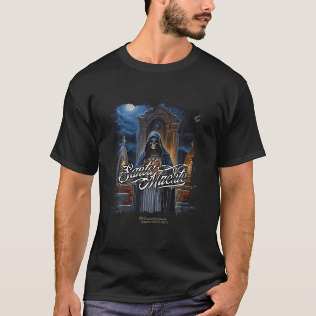 Santa Muerte Standing in a Cemetery Full Moon Sant T-Shirt (Front)