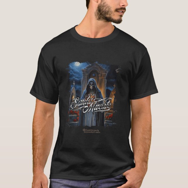 Santa Muerte Standing in a Cemetery Full Moon Sant T-Shirt (Front)