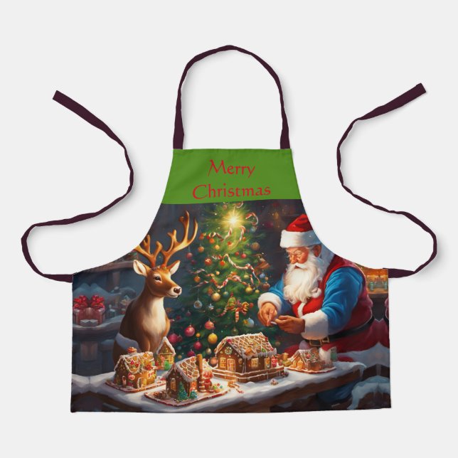 Santa N Reindeer Make Gingerbread House Christmas Apron (Front)