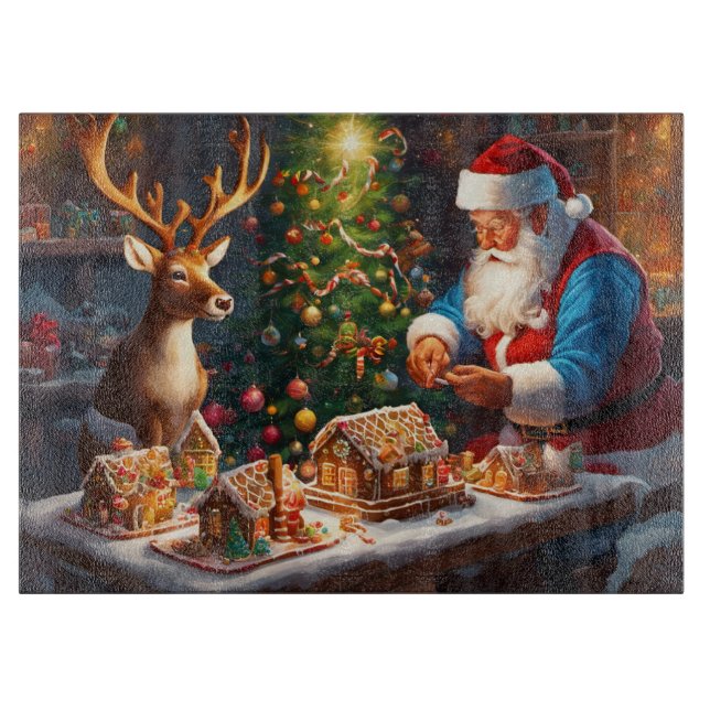 Santa N Reindeer make gingerbread house Christmas Cutting Board (Front)