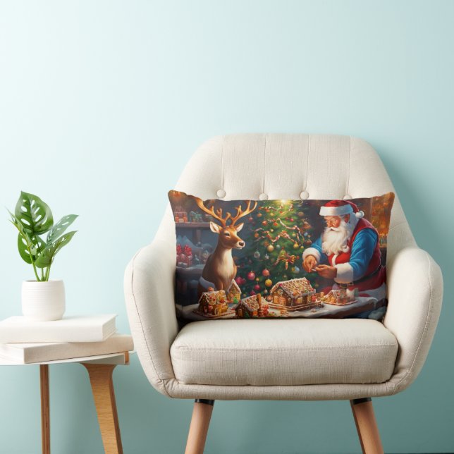 Santa N Reindeer make gingerbread house Christmas Lumbar Cushion (Chair)