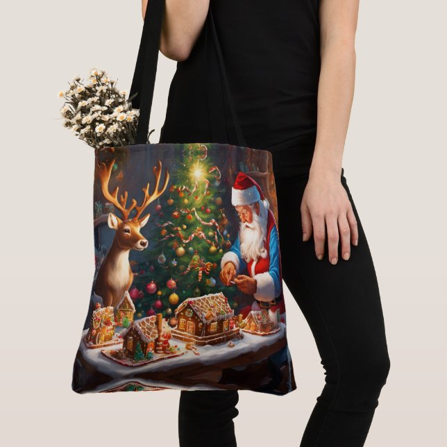 Santa N Reindeer make gingerbread house Christmas Tote Bag (Close Up)