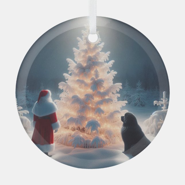 Santa, Newf and Glowing Tree Christmas  Glass Tree Decoration (Front)