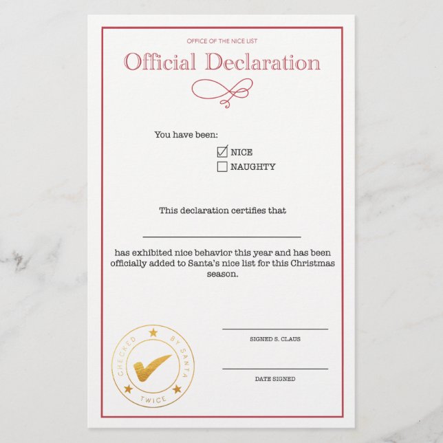 Santa Nice List Declaration Blank (Front)