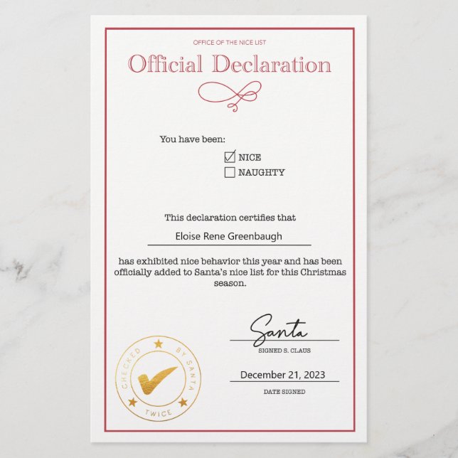 Santa Nice List Declaration Editable (Front)