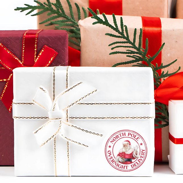 Santa North Pole Delivery  Classic Round Sticker (This cute North Pole Overnight Delivery sticker adds a magical touch to Christmas gifts and letters.)