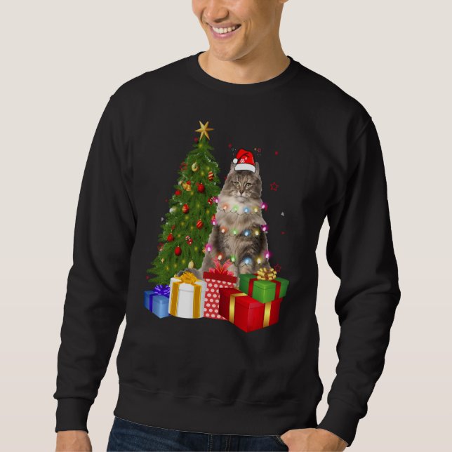 Santa Norwegian Forest Cat Christmas Tree Light Xm Sweatshirt (Front)