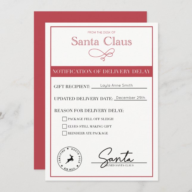 Santa Notification Of Delivery Delay Editable Holiday Card (Front/Back)