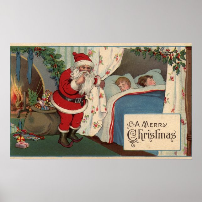 Santa Observing Sleeping Children Poster (Front)