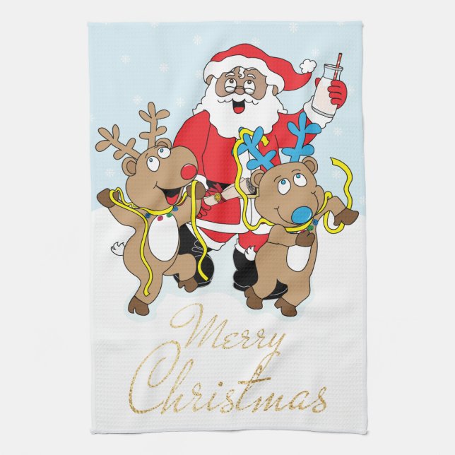 Santa of Colour and Reindeers Merry Christmas Tea Towel (Vertical)
