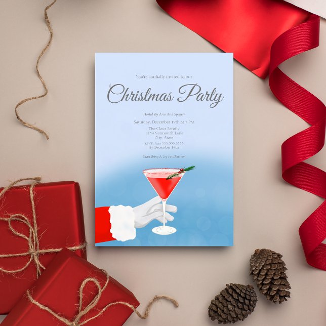 Santa Offering Martini At Christmas Party Invitation (Sip into the spirit! Unleash the festivities with our Christmas Martini Glass invite and download.)