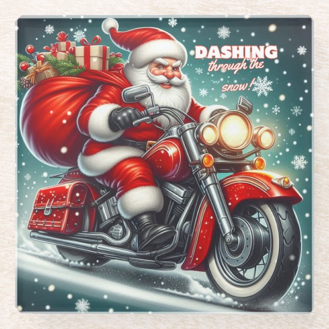 Santa on a motorcycle glass coaster (Front)
