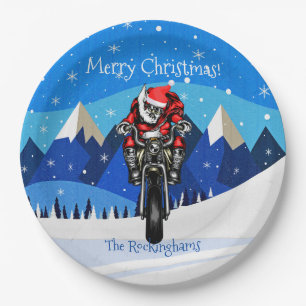 Santa on a Motorcycle in the Mountains Christmas   Paper Plate