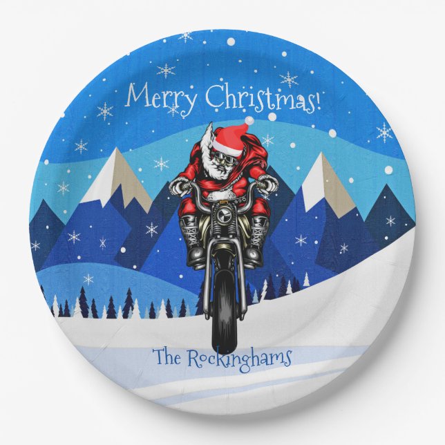 Santa on a Motorcycle in the Mountains Christmas   Paper Plate (Front)