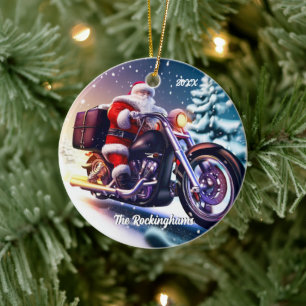 Santa on a Motorcycle in the Snow Ceramic Tree Decoration