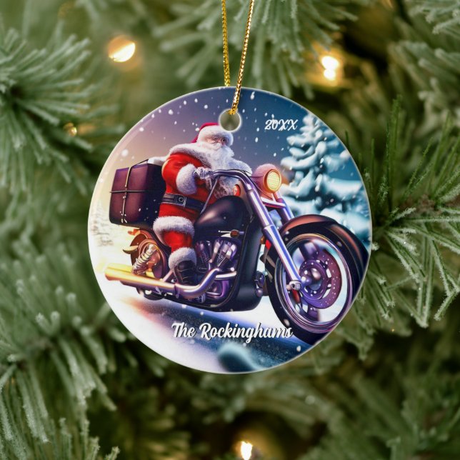 Santa on a Motorcycle in the Snow Ceramic Tree Decoration (Tree)