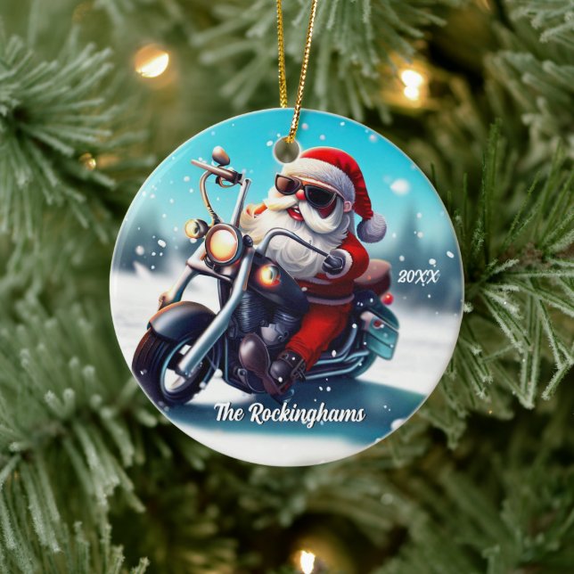 Santa on a Motorcycle in the Snow Ceramic Tree Decoration (Tree)
