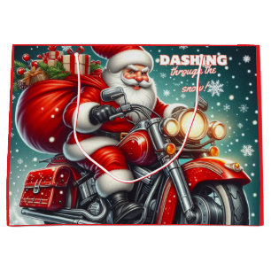 Santa on a motorcycle large gift bag